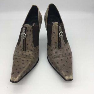 Donald J. Pliner Gray Ostrich Monk Bootie Heel, Zip Front, 7 1/2